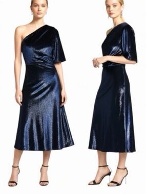 Amsale Women’s Off-Shoulder Metallic Velvet Draped Bodice Slim Skirt Midi Dress